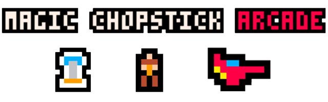 Magic Chopstick Arcade promo screen: pixellated text reading 'Magic Chopstick Arcade' with a pixellated car, person, and spaceship.